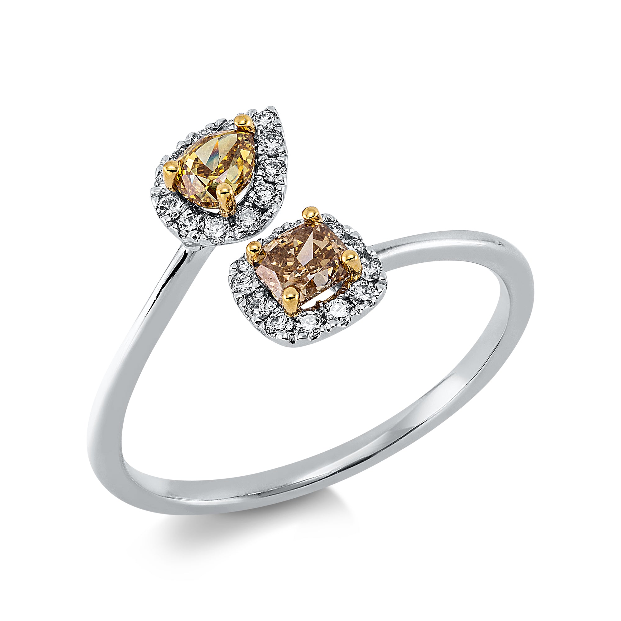 Ring mit Brillanten 18kt Weiß- und Gelbgold – Ring mit Cushion-Diamant und 24 Brillanten, Einzelstück, BeVain München